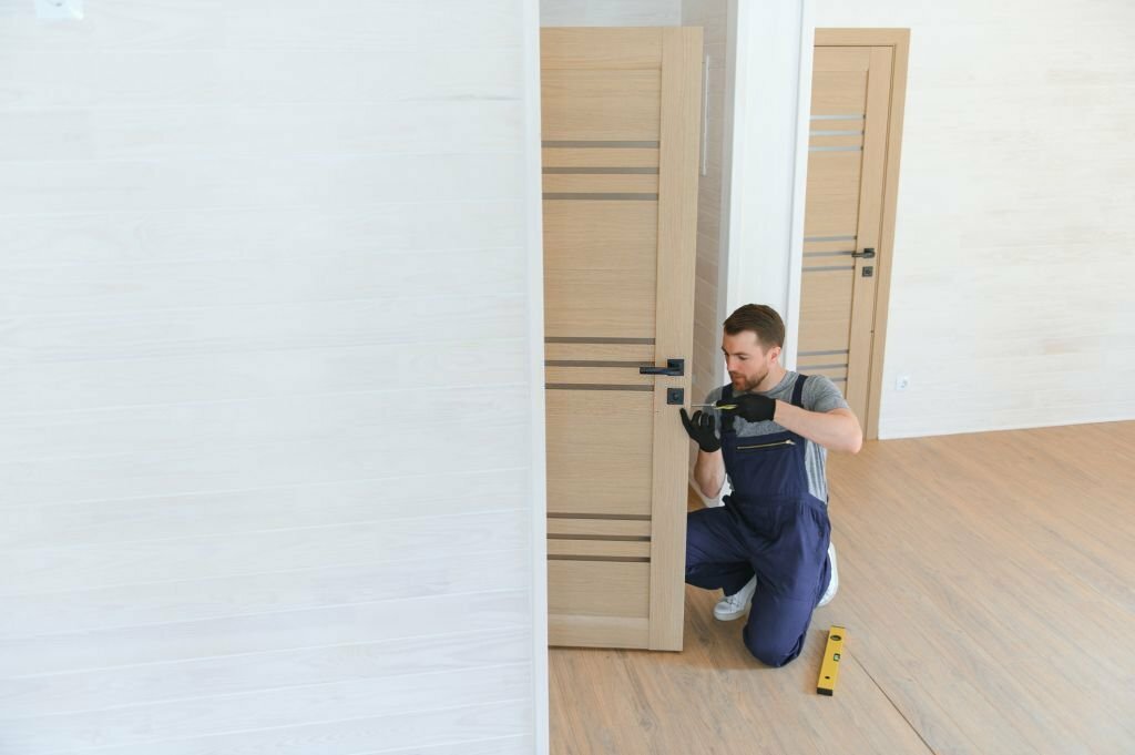 Young man fixing the door in house.