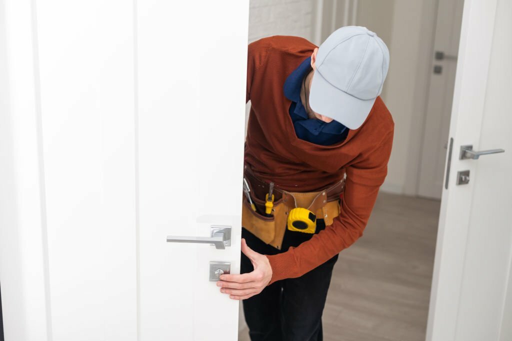 Young handyman installing a white door.