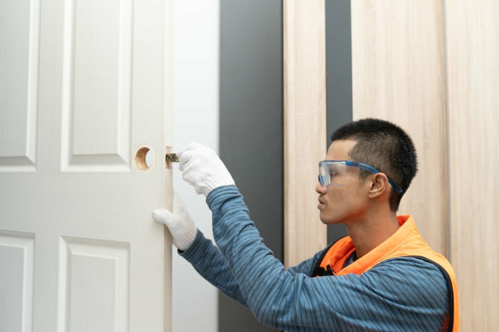 Asian professional locksmith installing or repairing a door knob with cordless drill.